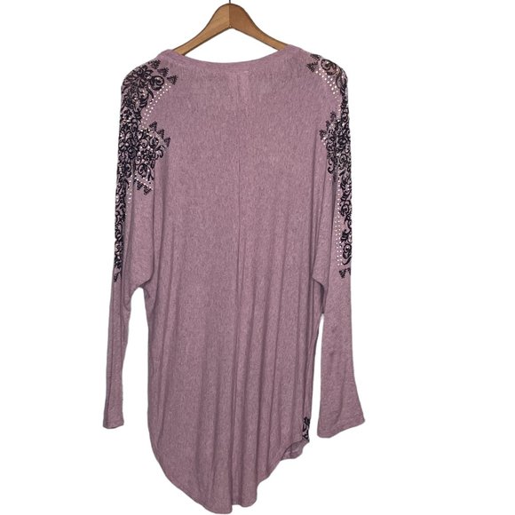 Vintage Y2K 00s Vocal USA Large Purple Stretch Knit Rhinestone Embellished Tunic - Picture 2 of 5